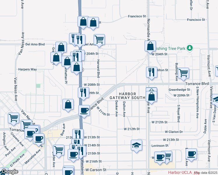 map of restaurants, bars, coffee shops, grocery stores, and more near 1523 Torrance Boulevard in Torrance