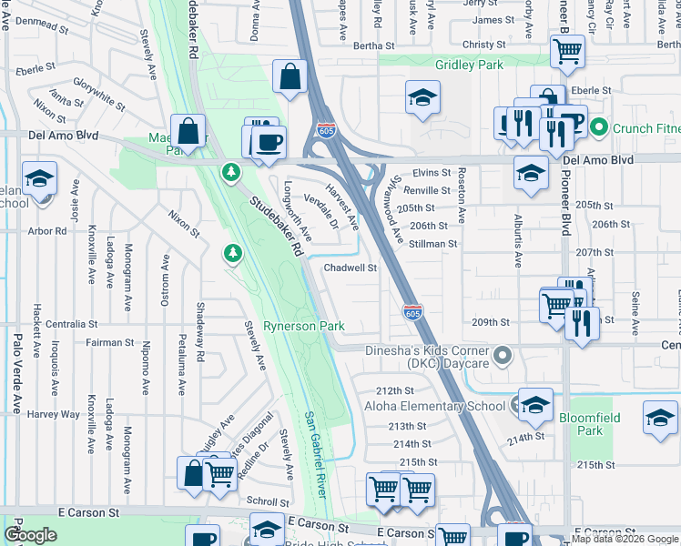 map of restaurants, bars, coffee shops, grocery stores, and more near 11330 Chadwell Street in Lakewood