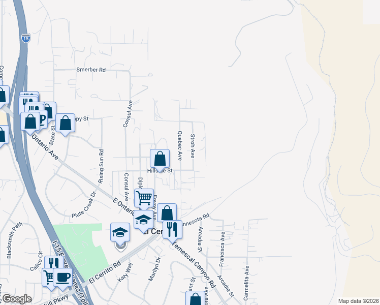 map of restaurants, bars, coffee shops, grocery stores, and more near 19157 Stroh Avenue in Corona