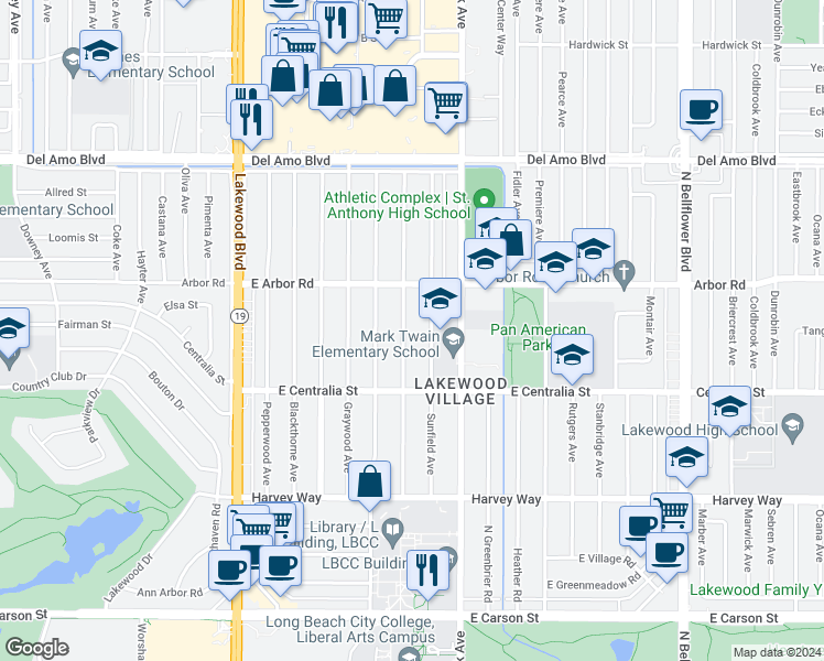 map of restaurants, bars, coffee shops, grocery stores, and more near 4608 Whitewood Avenue in Long Beach