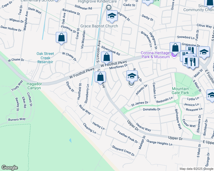 map of restaurants, bars, coffee shops, grocery stores, and more near 3256 Mountain Pass Drive in Corona