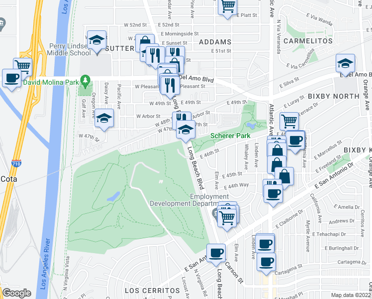 map of restaurants, bars, coffee shops, grocery stores, and more near 4615 Long Beach Boulevard in Long Beach