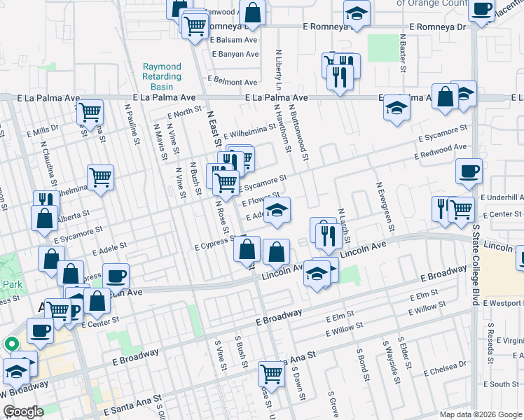 map of restaurants, bars, coffee shops, grocery stores, and more near 1219 East Adele Street in Anaheim