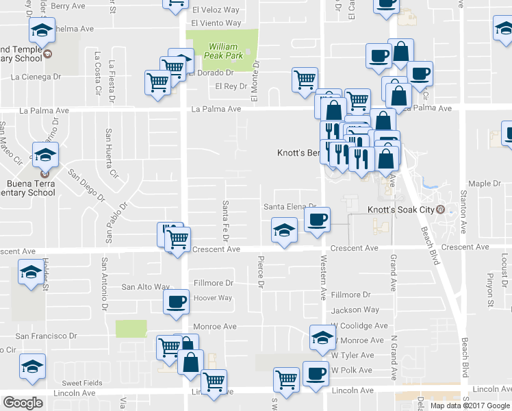map of restaurants, bars, coffee shops, grocery stores, and more near 8339 Pierce Drive in Buena Park