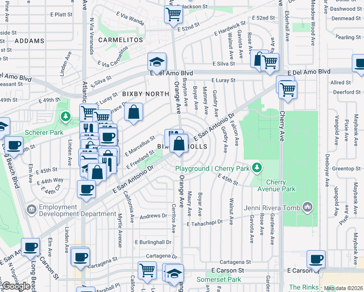 map of restaurants, bars, coffee shops, grocery stores, and more near Orange Ave & E San Antonio Dr in Long Beach