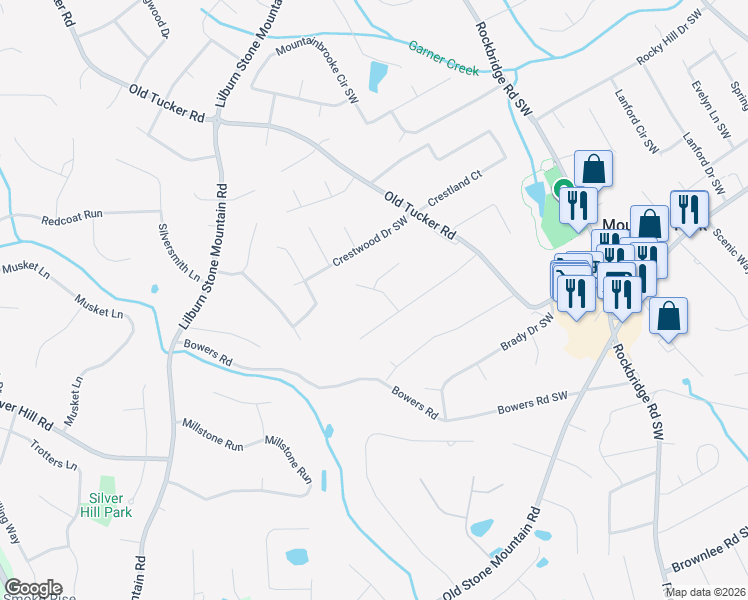 map of restaurants, bars, coffee shops, grocery stores, and more near 1081 Mountain Woods Court Southwest in Stone Mountain