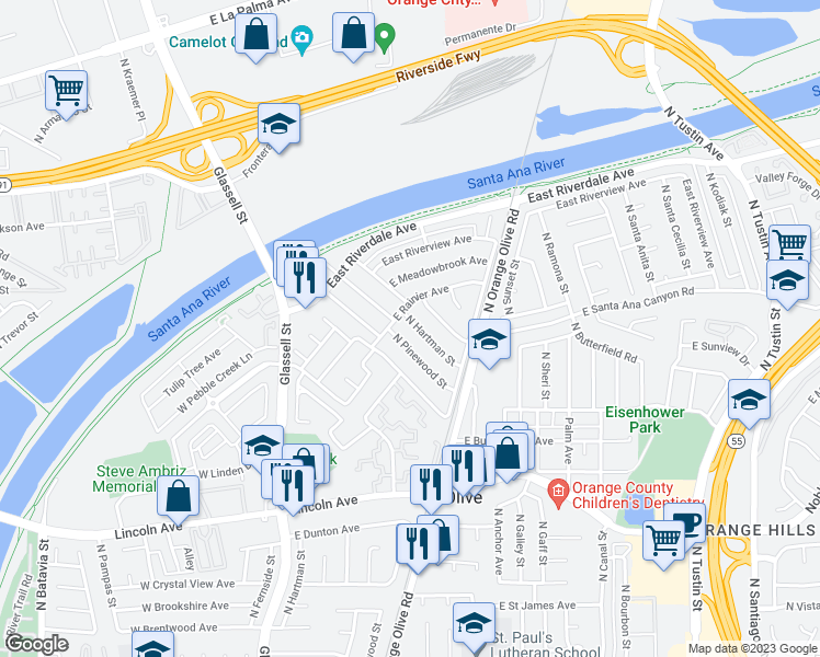 map of restaurants, bars, coffee shops, grocery stores, and more near 3120 North Hartman Street in Orange