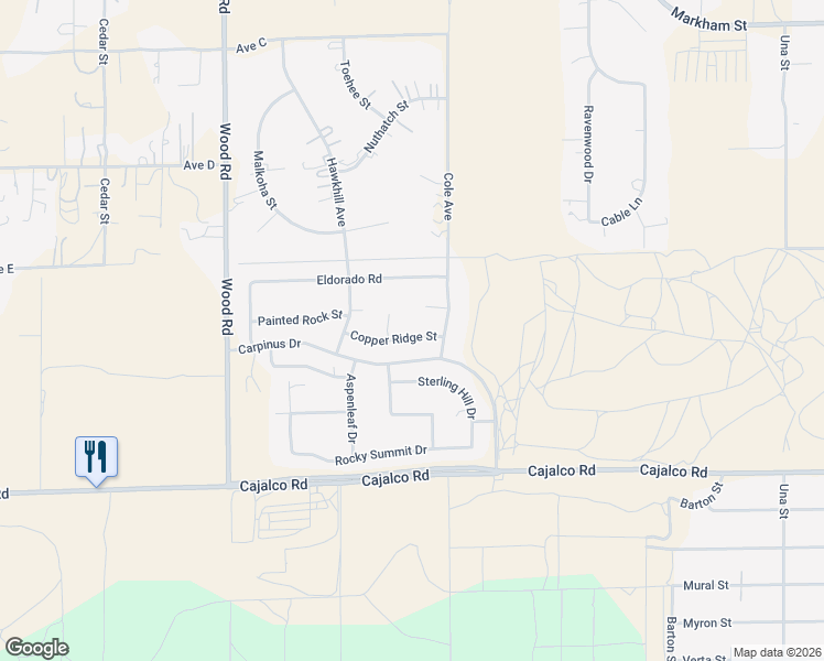 map of restaurants, bars, coffee shops, grocery stores, and more near 19418 Copper Ridge Street in Perris