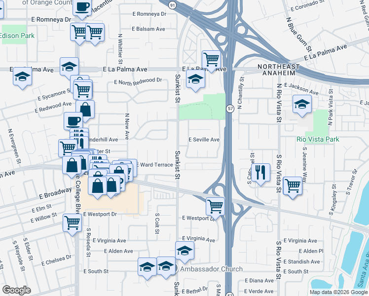 map of restaurants, bars, coffee shops, grocery stores, and more near 105 South Milton Street in Anaheim
