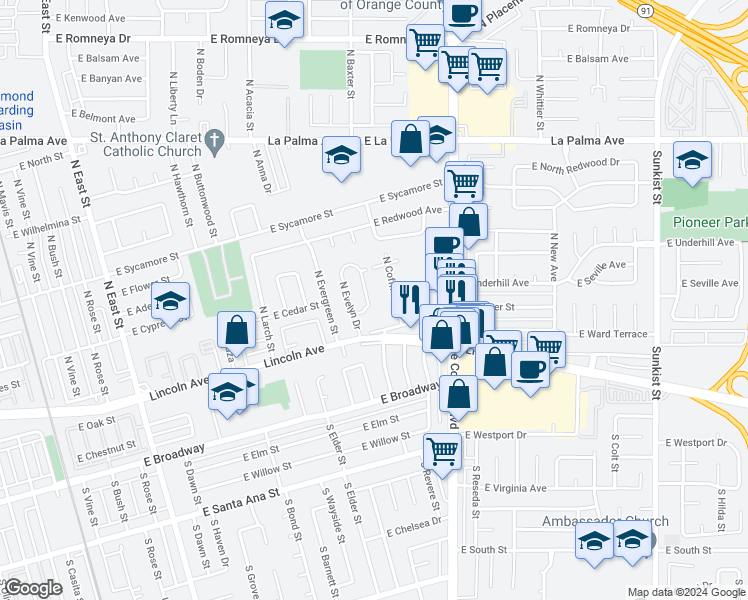 map of restaurants, bars, coffee shops, grocery stores, and more near 231 North Evelyn Drive in Anaheim
