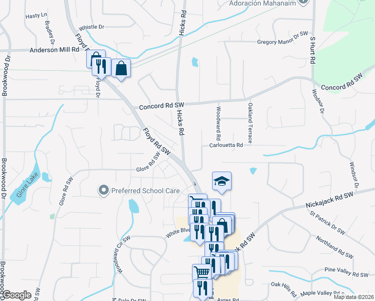 map of restaurants, bars, coffee shops, grocery stores, and more near 4627 Hicks Road in Mableton