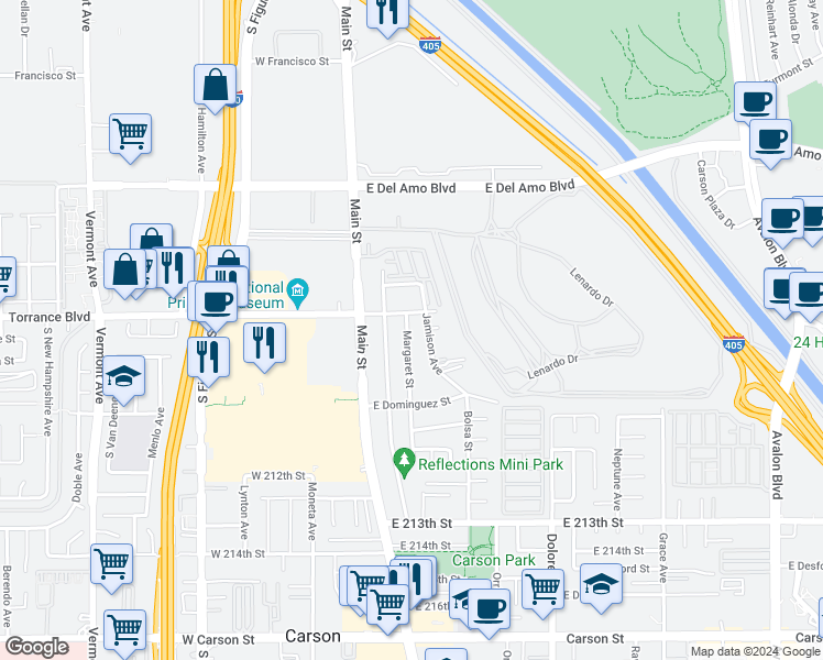 map of restaurants, bars, coffee shops, grocery stores, and more near 20816 Margaret Street in Carson