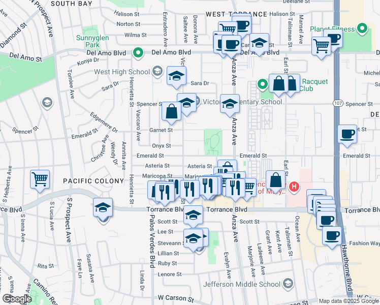 map of restaurants, bars, coffee shops, grocery stores, and more near 4915 Emerald Street in Torrance