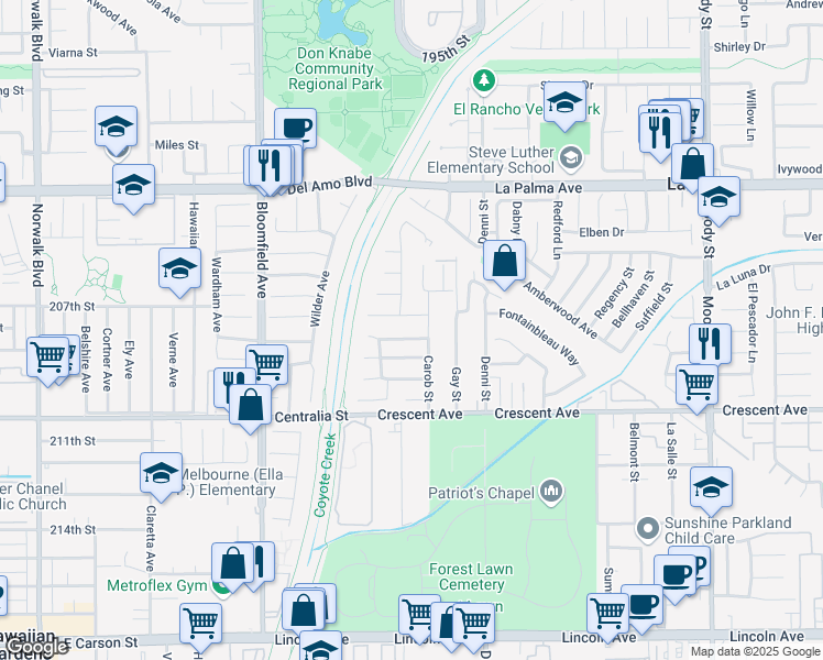map of restaurants, bars, coffee shops, grocery stores, and more near 4351 Garnet Avenue in Cypress