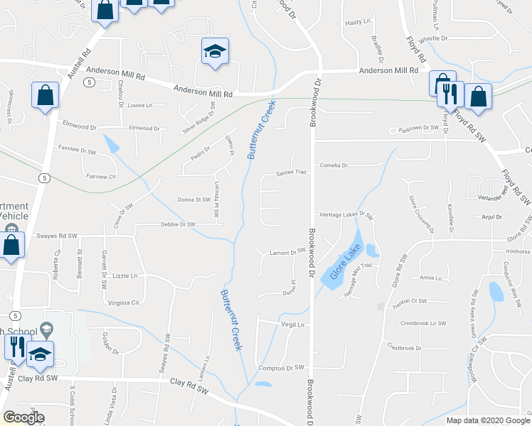 map of restaurants, bars, coffee shops, grocery stores, and more near 1419 Red Tail Court Southwest in Mableton