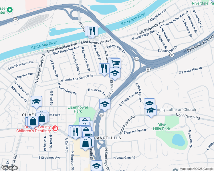 map of restaurants, bars, coffee shops, grocery stores, and more near 1903 Bolingridge Drive in Orange
