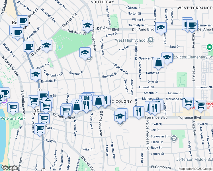 map of restaurants, bars, coffee shops, grocery stores, and more near 20739 Tomlee Avenue in Torrance