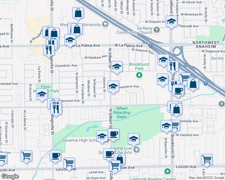 map of restaurants, bars, coffee shops, grocery stores, and more near 710 North Gilbert Street in Anaheim