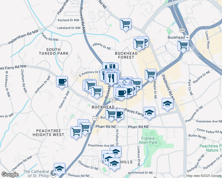 map of restaurants, bars, coffee shops, grocery stores, and more near 3175 Roswell Road Northwest in Atlanta