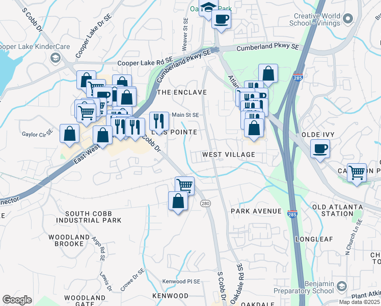 map of restaurants, bars, coffee shops, grocery stores, and more near 2126 West Village Court in Smyrna