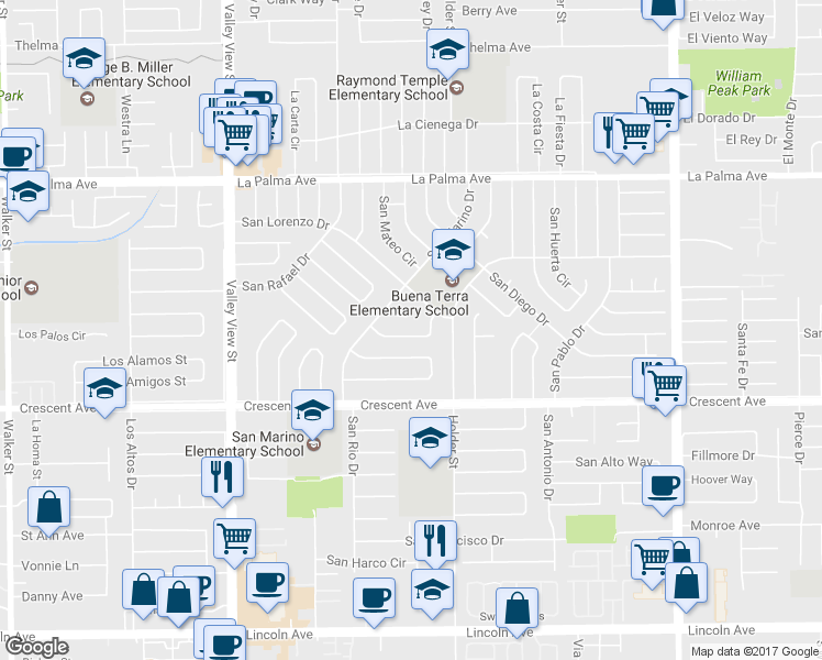 map of restaurants, bars, coffee shops, grocery stores, and more near 6373 San Martin Way in Buena Park