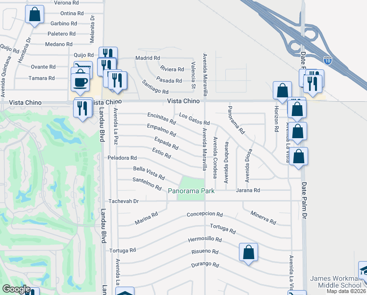 map of restaurants, bars, coffee shops, grocery stores, and more near 68300 Espada Road in Cathedral City
