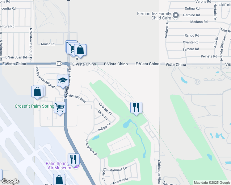 map of restaurants, bars, coffee shops, grocery stores, and more near 1275 Passage Street in Palm Springs