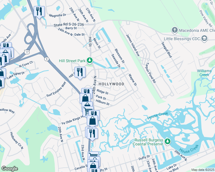 map of restaurants, bars, coffee shops, grocery stores, and more near 2517 Douglas Street in North Myrtle Beach