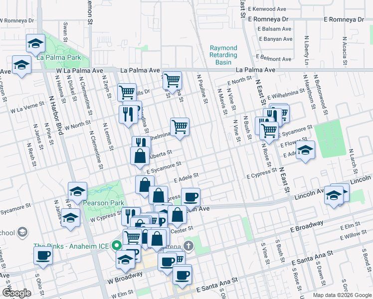 map of restaurants, bars, coffee shops, grocery stores, and more near 520 North Olive Street in Anaheim