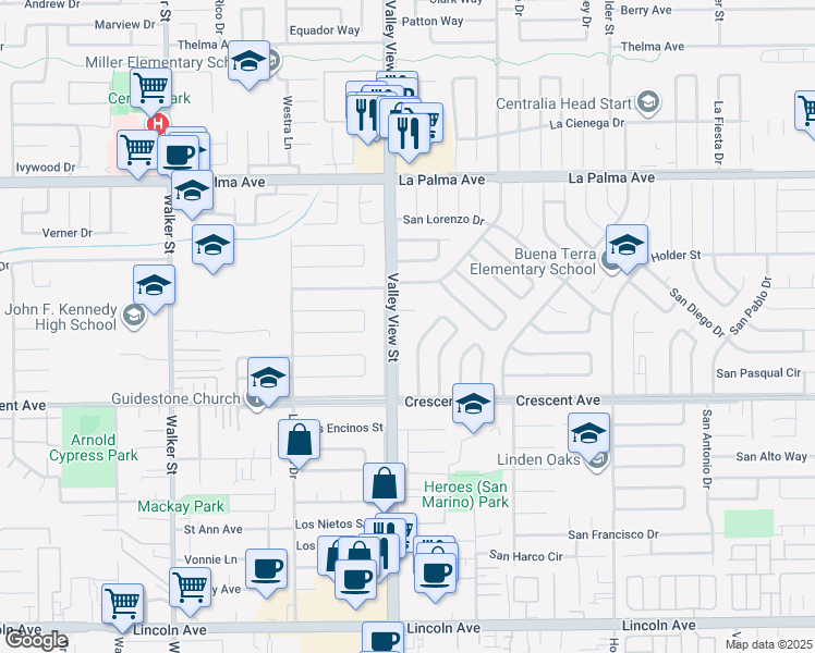 map of restaurants, bars, coffee shops, grocery stores, and more near 8300 Valley View Street in Buena Park
