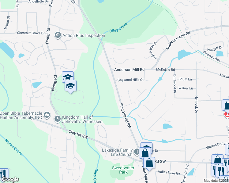 map of restaurants, bars, coffee shops, grocery stores, and more near 4610 Flint Hill Road Southwest in Austell