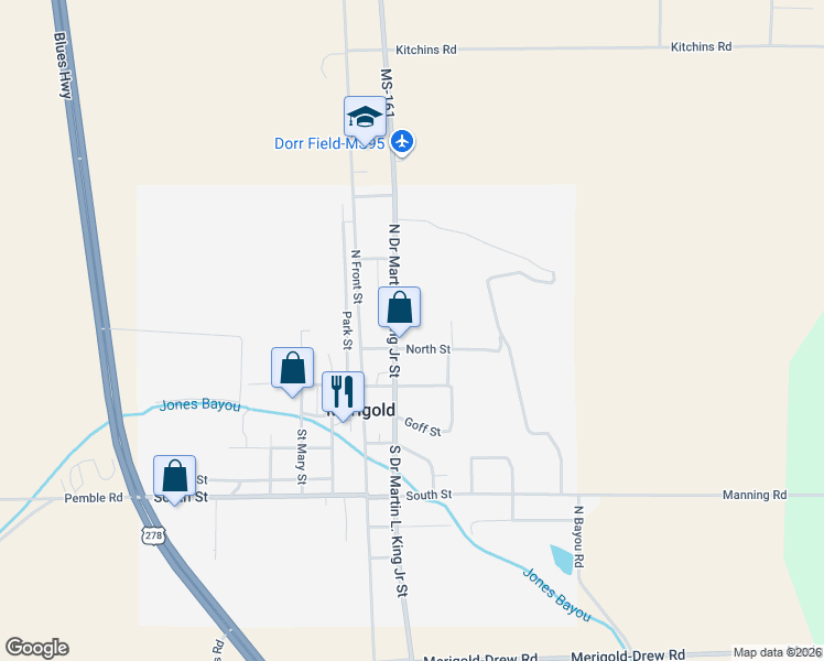 map of restaurants, bars, coffee shops, grocery stores, and more near 319-325 North Doctor Martin L. King Junior Street in Merigold