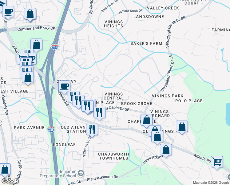 map of restaurants, bars, coffee shops, grocery stores, and more near 4543 Vinings Central Trace Southeast in Atlanta