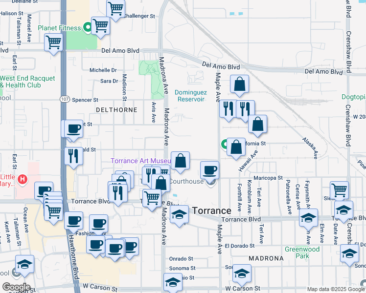 map of restaurants, bars, coffee shops, grocery stores, and more near 20770 Madrona Ave in Torrance