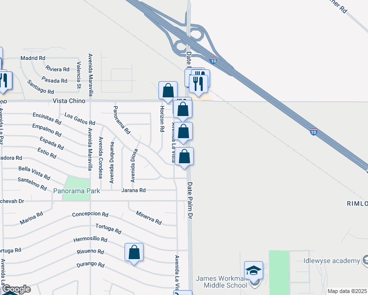 map of restaurants, bars, coffee shops, grocery stores, and more near 28401 Date Palm Drive in Cathedral City