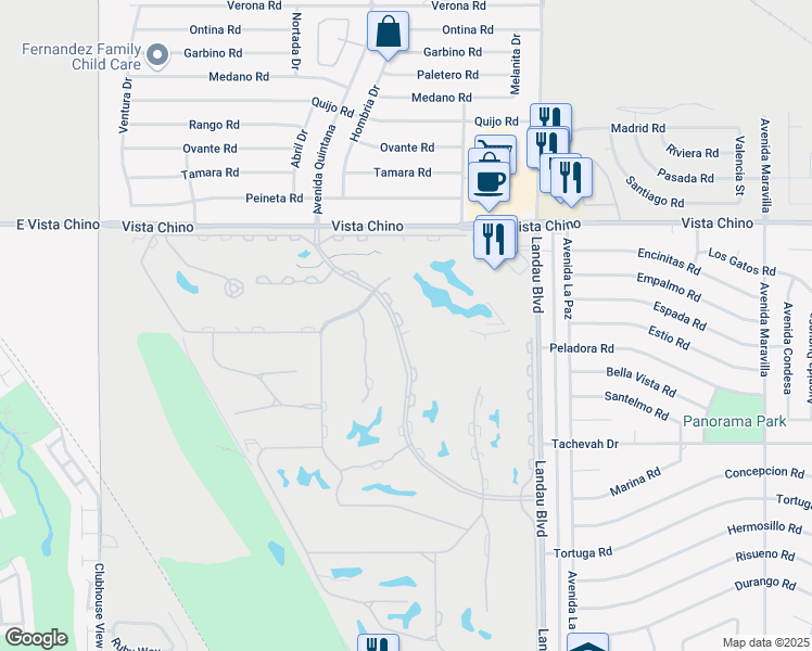 map of restaurants, bars, coffee shops, grocery stores, and more near 28390 Desert Princess Drive in Cathedral City