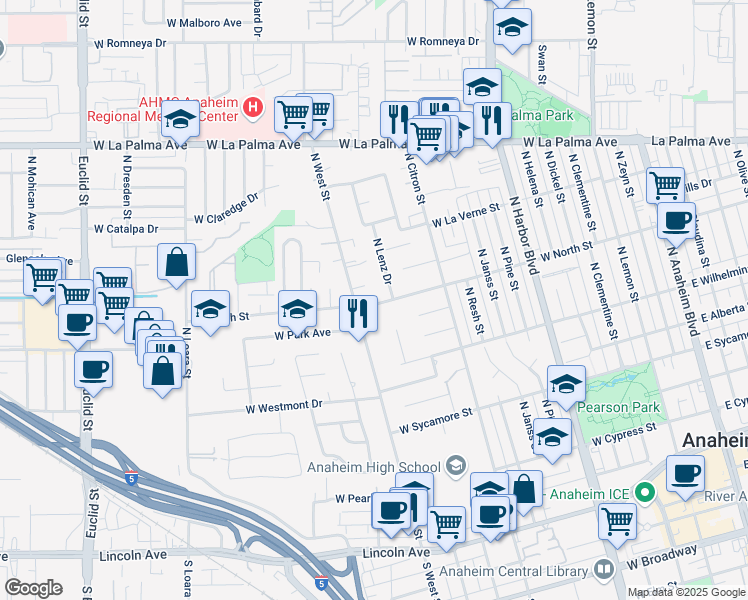 map of restaurants, bars, coffee shops, grocery stores, and more near 930 West North Street in Anaheim
