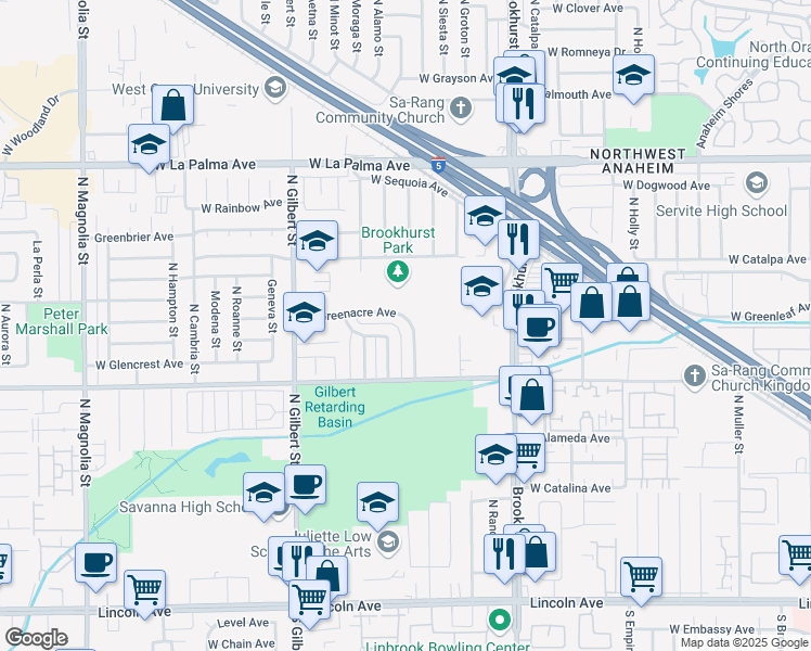 map of restaurants, bars, coffee shops, grocery stores, and more near 637 North Ventura Street in Anaheim