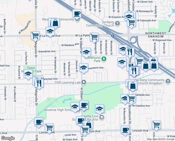 map of restaurants, bars, coffee shops, grocery stores, and more near 2350 West Greenacre Avenue in Anaheim