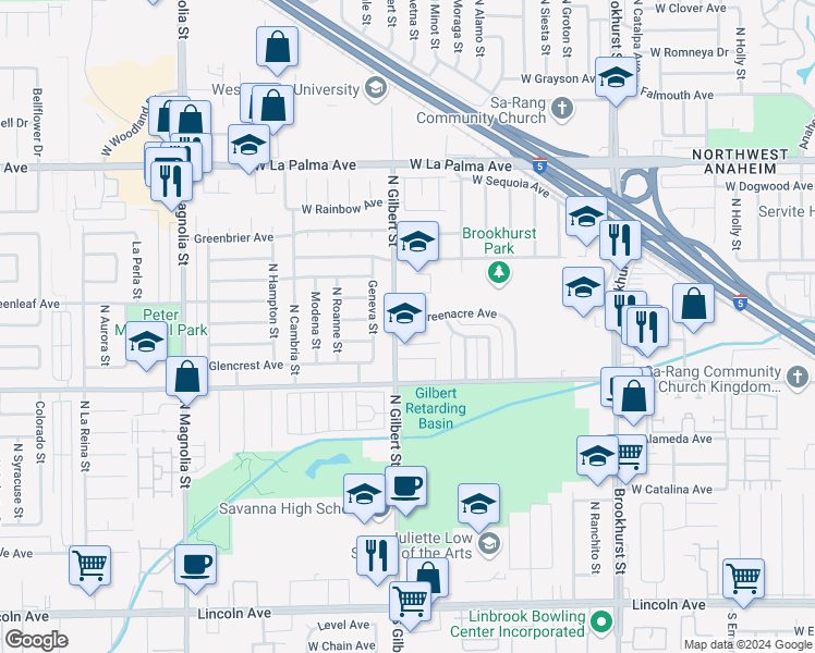 map of restaurants, bars, coffee shops, grocery stores, and more near 710 North Gilbert Street in Anaheim