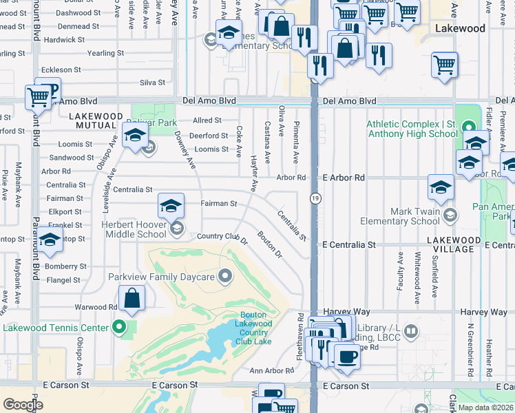 map of restaurants, bars, coffee shops, grocery stores, and more near 3917 Fairman Street in Lakewood