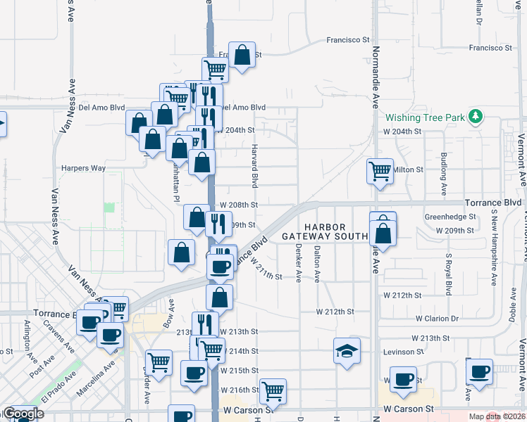map of restaurants, bars, coffee shops, grocery stores, and more near 20814 Harvard Boulevard in Torrance