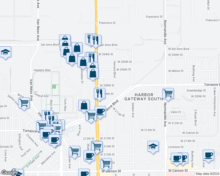 map of restaurants, bars, coffee shops, grocery stores, and more near 1636 West 208th Street in Torrance