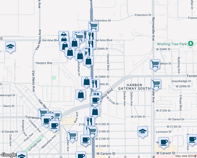 map of restaurants, bars, coffee shops, grocery stores, and more near 1636 West 208th Street in Torrance