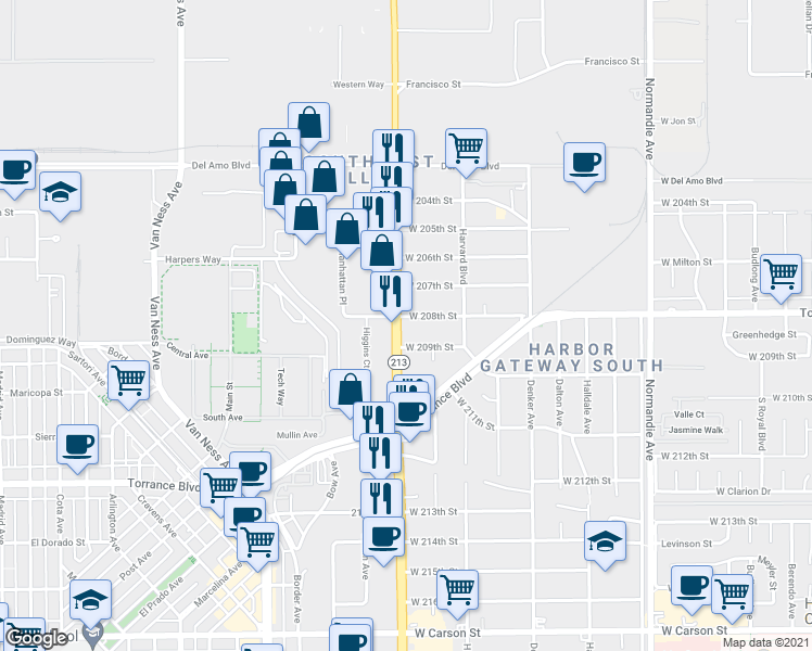 map of restaurants, bars, coffee shops, grocery stores, and more near 20775 California 213 in Torrance