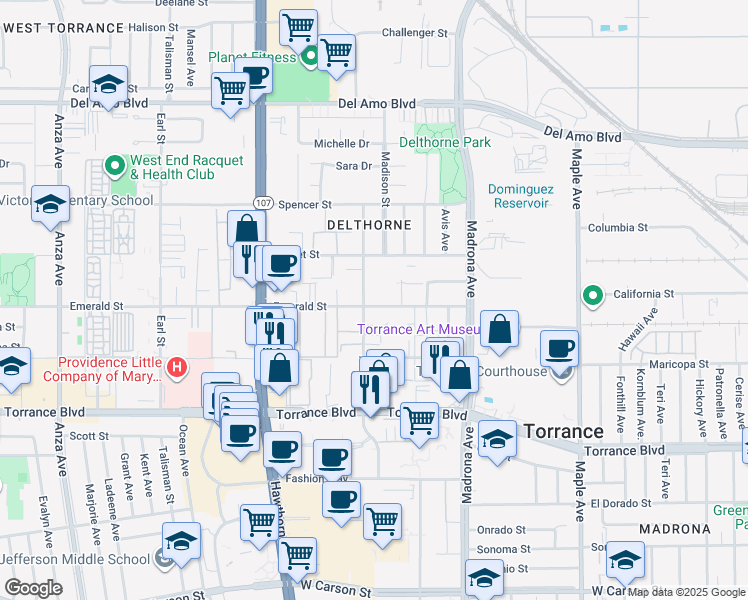 map of restaurants, bars, coffee shops, grocery stores, and more near 3535 Emerald Street in Torrance