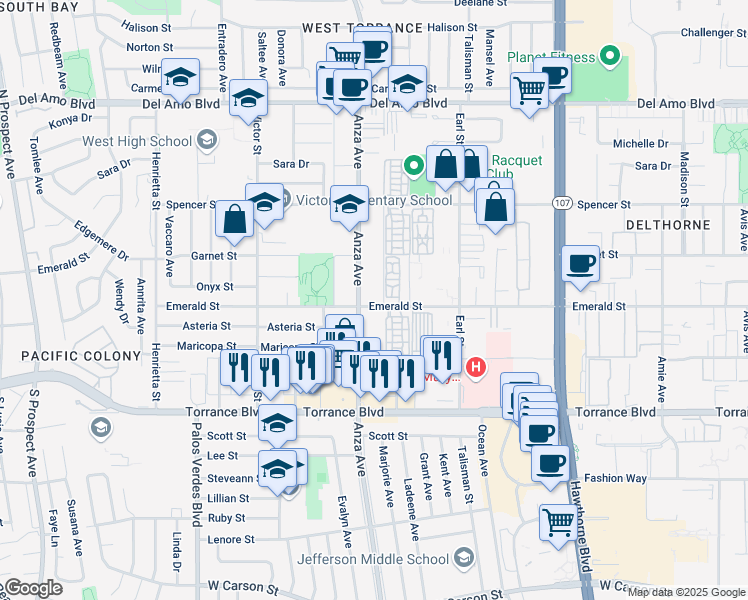 map of restaurants, bars, coffee shops, grocery stores, and more near 20730 Anza Avenue in Torrance