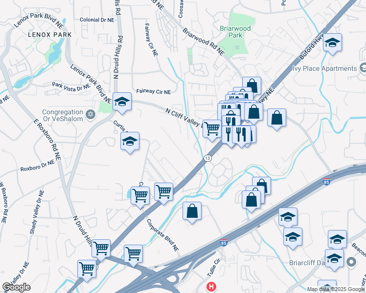 map of restaurants, bars, coffee shops, grocery stores, and more near 1981 Bramblewood Drive Northeast in Atlanta