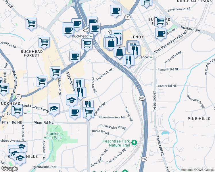 map of restaurants, bars, coffee shops, grocery stores, and more near 703 East Paces Ferry Road Northeast in Atlanta