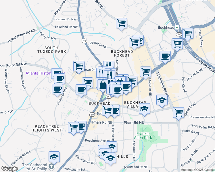 map of restaurants, bars, coffee shops, grocery stores, and more near 3175 Roswell Road Northwest in Atlanta